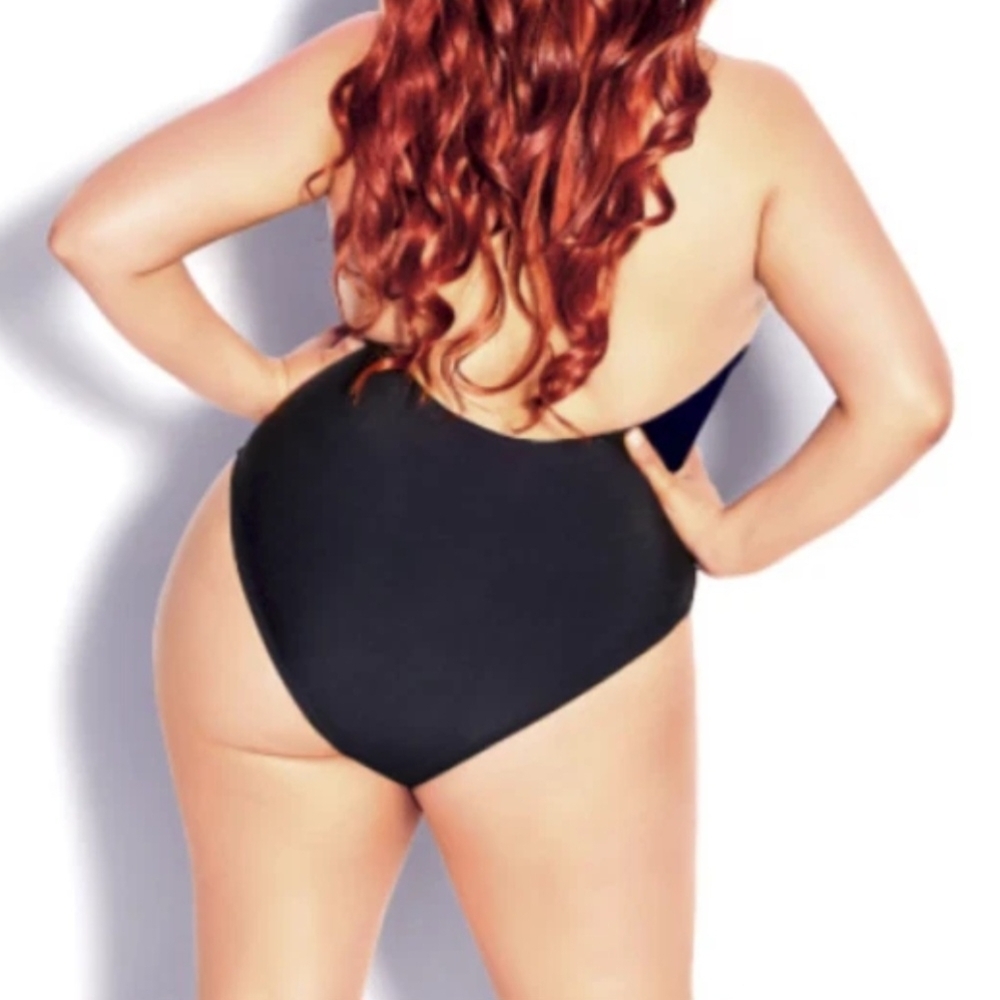 City Chic Black Plunge One-Piece Swimsuit with Lace-Up Front - Picture 2 of 8